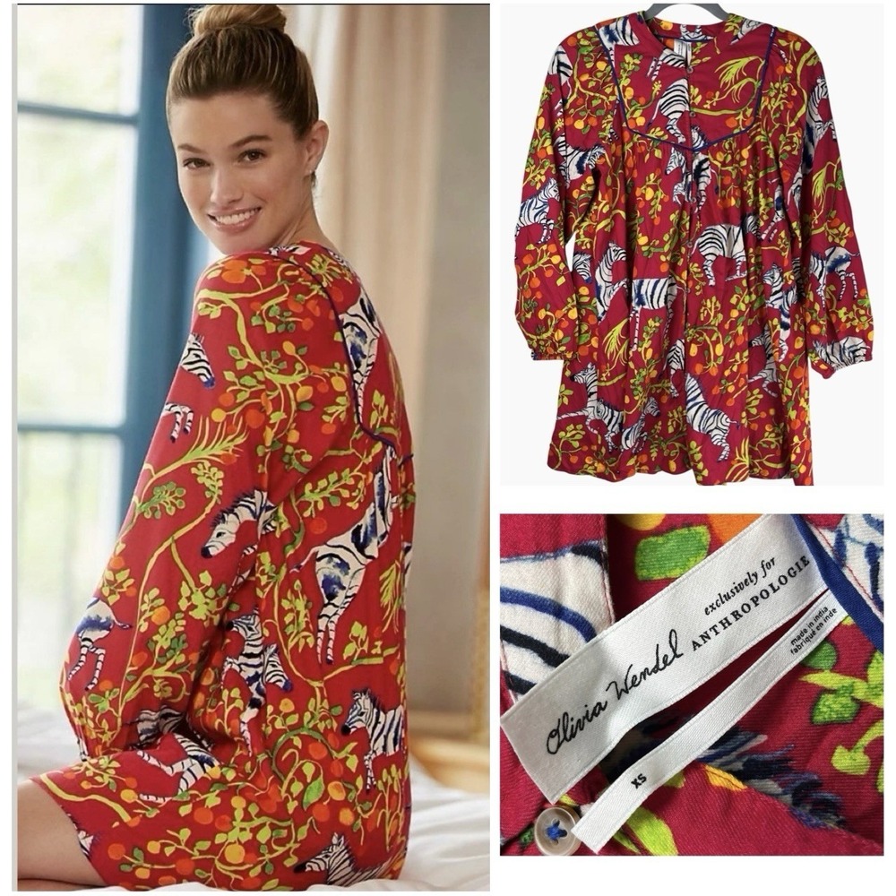 Olivia Wendel Anthropologie Nightgown Dress Womens XS Zebra Pajama Red Cotton